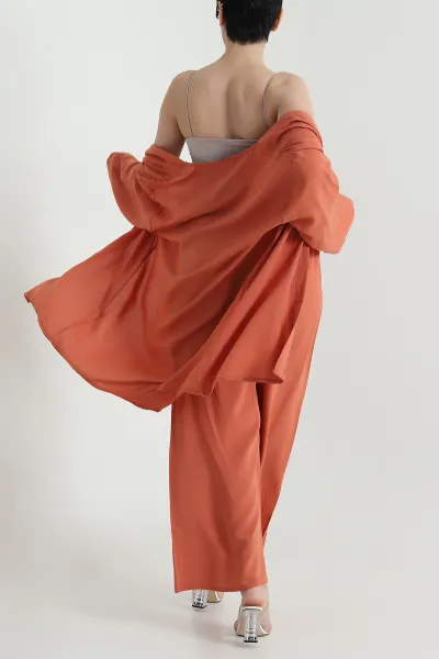 Kiremit Pantolon Kimono Dokuma Kadın İkili Takım 460347