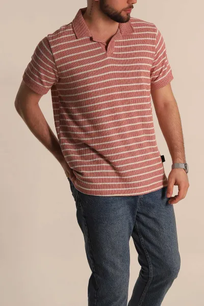 Kiremit Slim Fit Çizgili Polo Yaka Erkek Tişört 276013