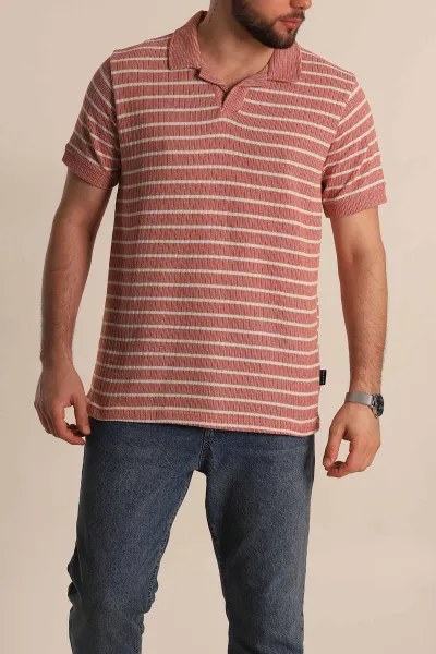 Kiremit Slim Fit Çizgili Polo Yaka Erkek Tişört 276013