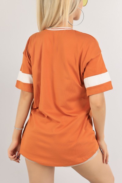 Kiremit Yaka Ribanalı Oversize Bayan Tişört 121782