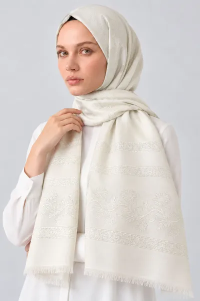 Kırık Beyaz 70x180 Cm Floral Premium Jakarlı Pamuk Şal 494065