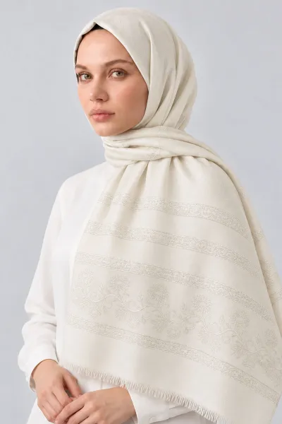 Kırık Beyaz 70x180 Cm Floral Premium Jakarlı Pamuk Şal 494065
