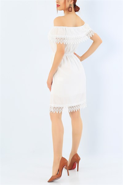 Kırık Beyaz Dantel İşlemeli Astarlı Elbise 33889