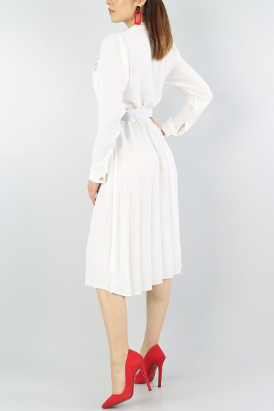 Kırık Beyaz Piliseli Tasarım Kemerli Elbise 56591