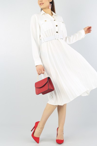 Kırık Beyaz Piliseli Tasarım Kemerli Elbise 56591