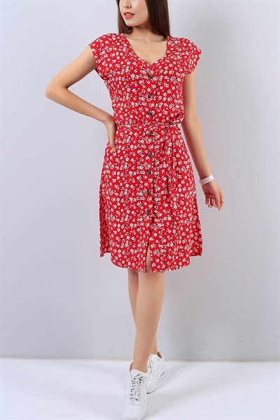 Kırmız Çıiçek Desenli Bayan Elbise 15743B