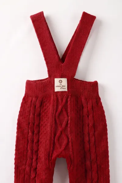 Kırmızı (0-12 Ay) Örgülü Ayaklı Unisex Bebek Triko Salopet 474323