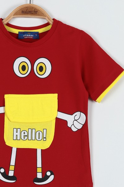 Kırmızı (0-4 Yaş) Hello Baskılı Cep Detaylı Erkek Bebe Tişört 185227