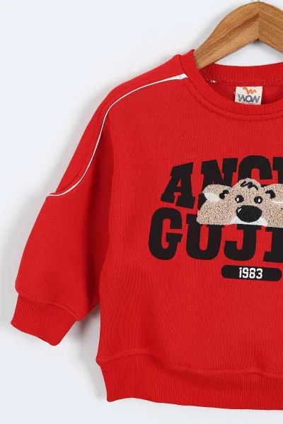 Kırmızı (0-4 Yaş)Gujje Baskılı Biye Detaylı  3  İp Şardonlu Erkek Çocuk Sweatshirt 417568