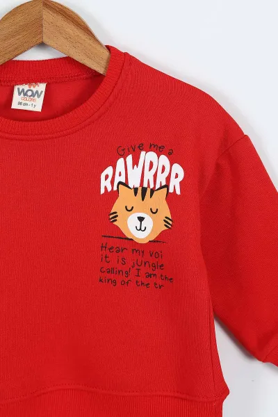 Kırmızı (0-4 Yaş)Rawr Baskılı  3  İp Şardonlu Erkek Çocuk Sweatshirt 415035