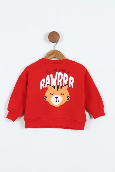 Kırmızı (0-4 Yaş)Rawr Baskılı  3  İp Şardonlu Erkek Çocuk Sweatshirt 415035