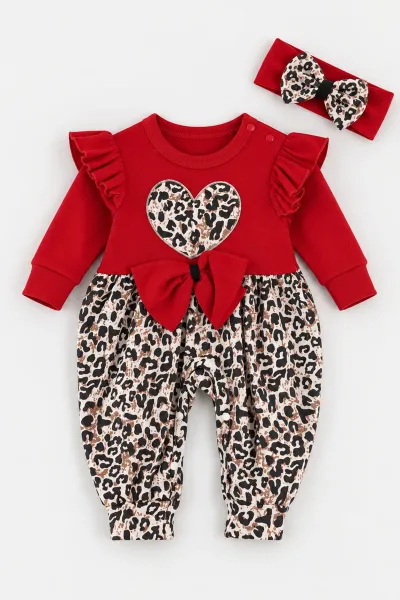Kırmızı (0-9 Ay)Fiyonklu Leopar Desen Kalp Nakışlı Omuzdan Fırfırlı ve Bandanalı Kız Bebek Tulum 475998