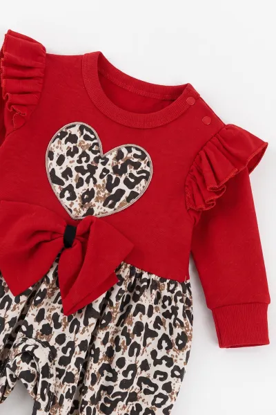 Kırmızı (0-9 Ay)Fiyonklu Leopar Desen Kalp Nakışlı Omuzdan Fırfırlı ve Bandanalı Kız Bebek Tulum 475998