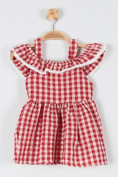 Kırmızı (1-3 Yaş) Kiraz Motifli Kareli Askılı Kız Çocuk Elbise 181122
