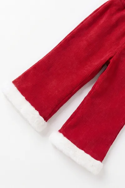 Kırmızı (1-5 Yaş) Fitilli Bodyli  Yakası Çiçek Nakışlı Peluş Yelek ve Kadife Pantolonlu Kız Çocuk 3'lü Takım 496542
