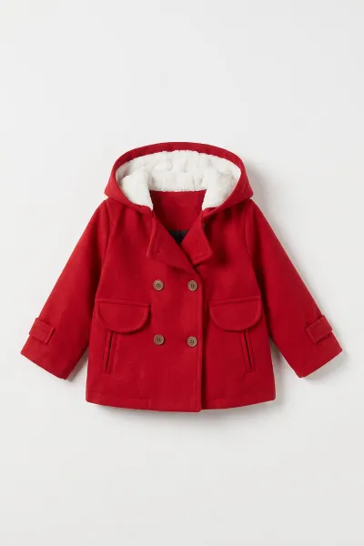 Kırmızı (1-5 Yaş) Fleto Cepli Kapüşonlu Kaşe Kız Bebek&Çocuk Mont 498786