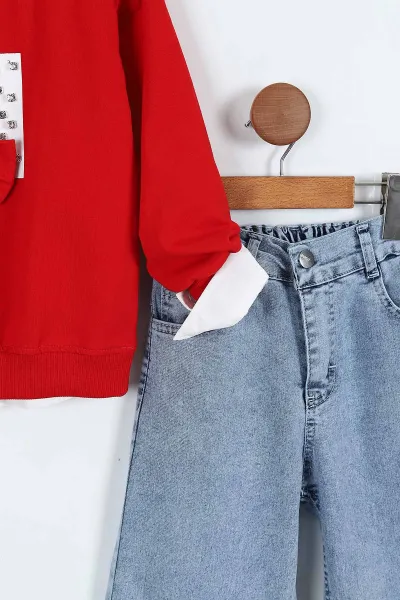 Kırmızı (1-9 Yaş)  Gömlekli  Taşlı Baskılı Sweatli   Kot Pantolonlu Kız Çocuk 3'lü Takım 410326