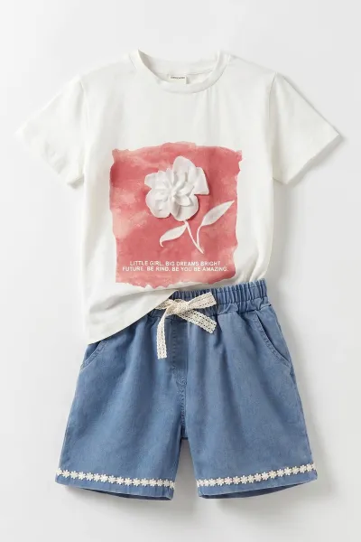 Kırmızı (1-9 Yaş)Çiçek Aplikeli Baskılı Dantelli Kot Şortlu Kız Çocuk Takım 460702