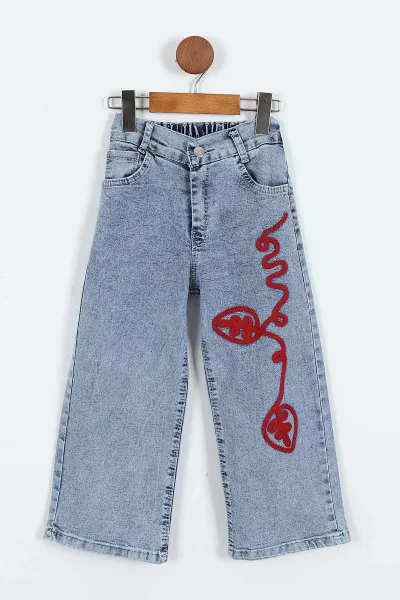 Kırmızı (1-9 Yaş)Nakışlı Kot Pantolonlu 2 İp Kız Çocuk Takım 413485