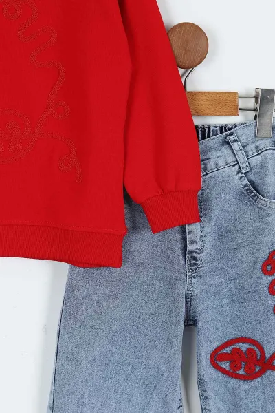 Kırmızı (1-9 Yaş)Nakışlı Kot Pantolonlu 2 İp Kız Çocuk Takım 413485