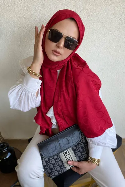 Kırmızı 180x70 Jakar İpeksi Karo Desen Şal 270899