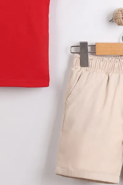 Kırmızı (2-10  Yaş) Polo Yaka Cool Boy Baskılı Tişörtlü Gabardin Şortlu Erkek Çocuk Yazlık 2'li Takım 454615