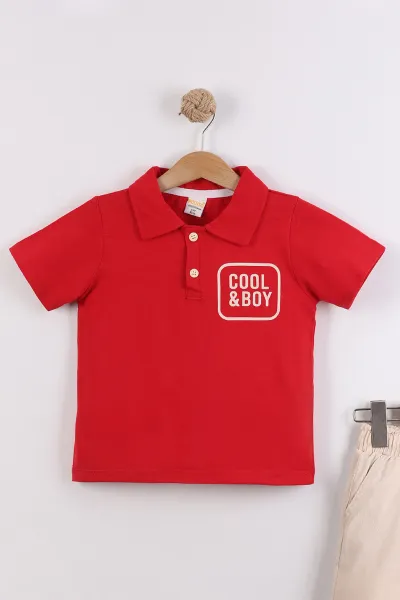 Kırmızı (2-10  Yaş) Polo Yaka Cool Boy Baskılı Tişörtlü Gabardin Şortlu Erkek Çocuk Yazlık 2'li Takım 454615