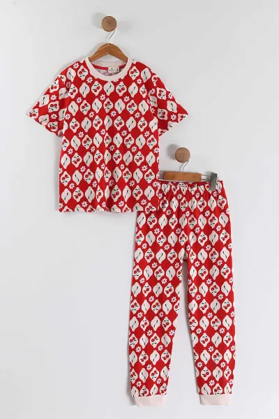Kırmızı (2-12  Yaş) Kiraz Desenli  Kız Çocuk Pijama  Takım 456073