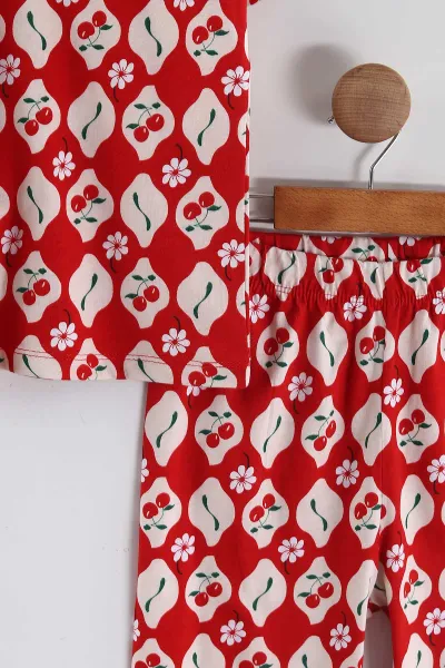 Kırmızı (2-12  Yaş) Kiraz Desenli  Kız Çocuk Pijama  Takım 456073
