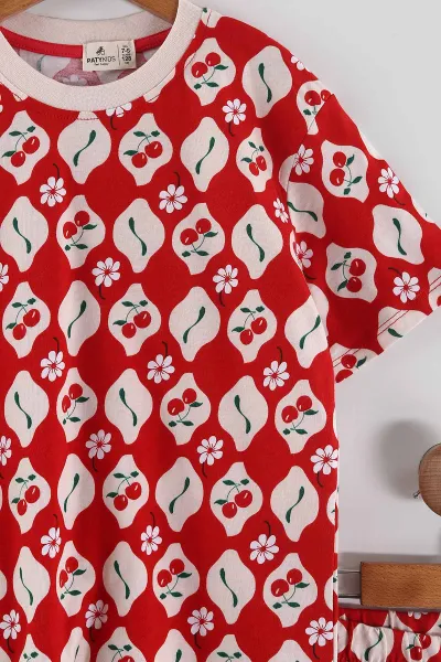 Kırmızı (2-12  Yaş) Kiraz Desenli  Kız Çocuk Pijama  Takım 456073