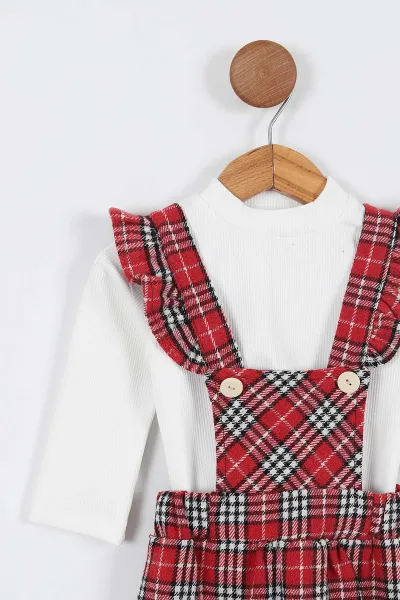 Kırmızı (2-5 Yaş)Ekose Model Kız Çocuk Salopet Elbise  338046