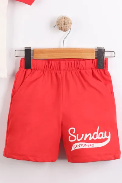 Kırmızı (3-10 Yaş)Sunday Baskılı Yakalı Düğmeli Garnili Erkek Çocuk Takım 460726