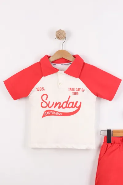 Kırmızı (3-10 Yaş)Sunday Baskılı Yakalı Düğmeli Garnili Erkek Çocuk Takım 460726