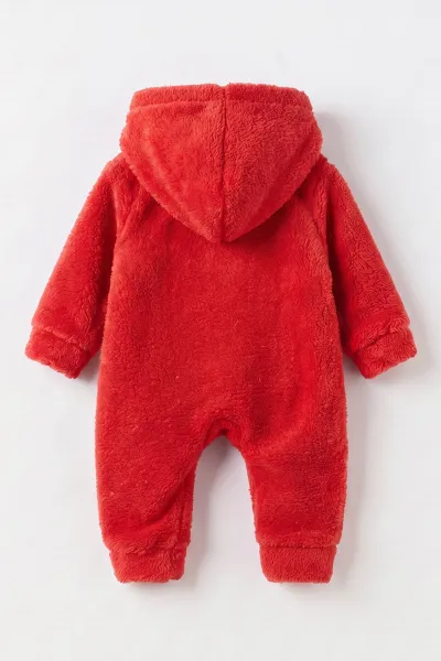 Kırmızı (3-12 Ay) Bıyık Nakışlı Kapüşonlu Wellsoft Bebek Tulum 497226