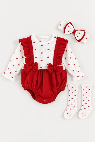 Kırmızı (3-12 Ay) Kalp Baskılı   Çorap ve Bandana Aksesuarlı   Kız Bebek Romper 476006