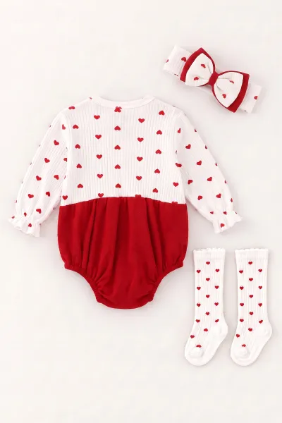 Kırmızı (3-12 Ay) Kalp Baskılı   Çorap ve Bandana Aksesuarlı   Kız Bebek Romper 476006