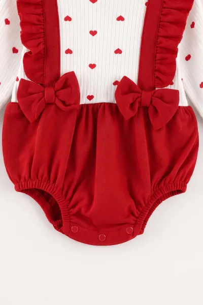 Kırmızı (3-12 Ay) Kalp Baskılı   Çorap ve Bandana Aksesuarlı   Kız Bebek Romper 476006