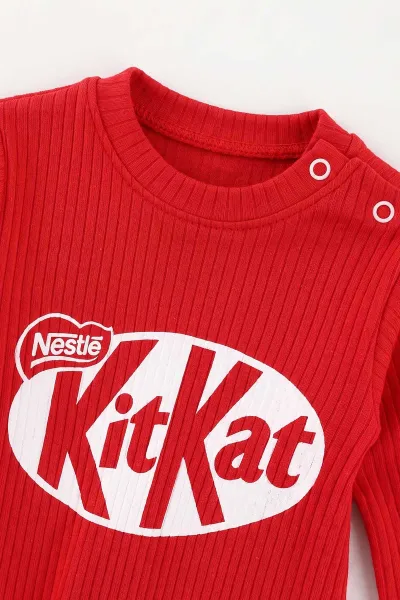 Kırmızı (3-12 Ay) Kitkat  Baskılı Şapkalı Bebe Tulum 482235