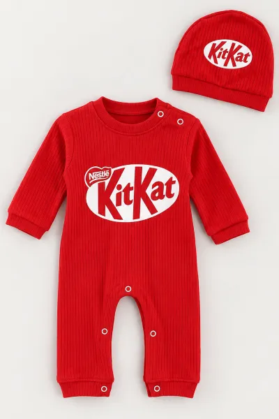 Kırmızı (3-12 Ay) Kitkat  Baskılı Şapkalı Bebe Tulum 482235