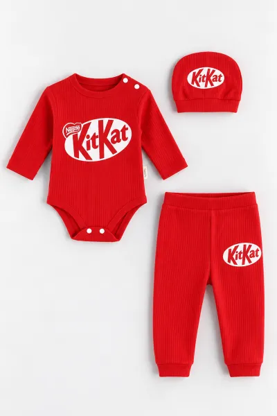 Kırmızı (3-12 Ay)Kit Kat Baskılı Şapkalı Bebek Takım 482242