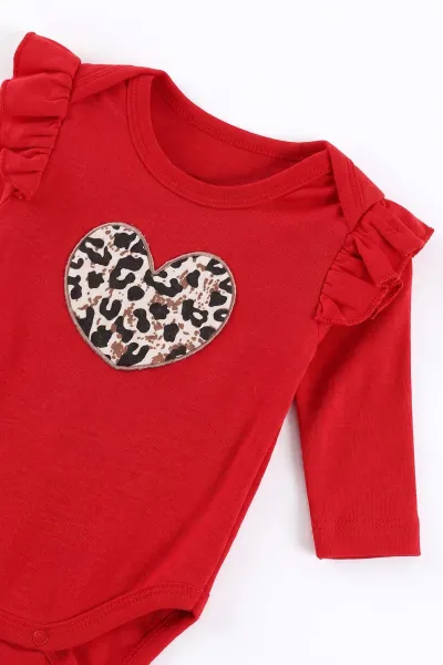 Kırmızı (3-12 Ay)Leopar Desenli Kalpli Çıtçıt Zıbınlı Kız Bebek 3'lü Takım 476009