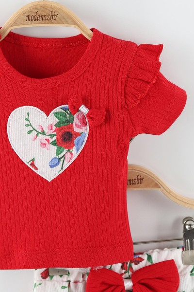 Kırmızı (3-15 Ay) Fiyonklu Çiçek Baskılı Kalp Nakışlı Kız Bebe Takım 162156