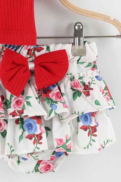 Kırmızı (3-15 Ay) Fiyonklu Çiçek Baskılı Kalp Nakışlı Kız Bebe Takım 162156