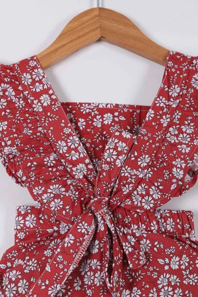 Kırmızı (3-18 Ay) Kol Fırfırlı Çiçek Baskılı Kız Bebek Zıbın Elbise 264108