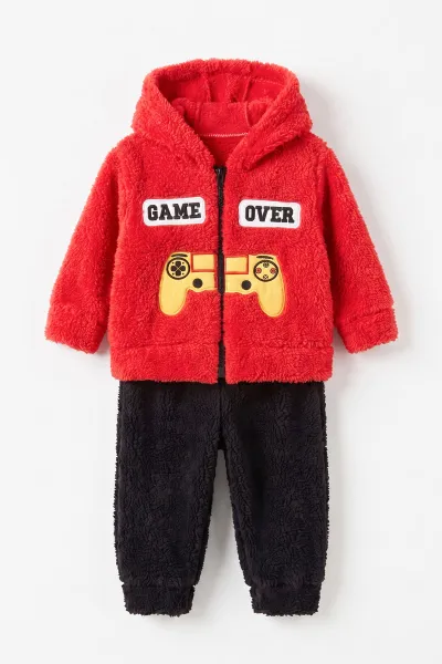 Kırmızı (3-24 Ay) Game Over Nakışlı Fermuarlı ve Kapüşonlu Erkek Bebek Peluş Takım 497124