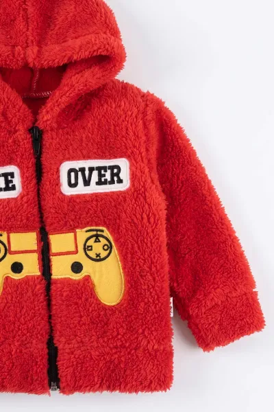 Kırmızı (3-24 Ay) Game Over Nakışlı Fermuarlı ve Kapüşonlu Erkek Bebek Peluş Takım 497124