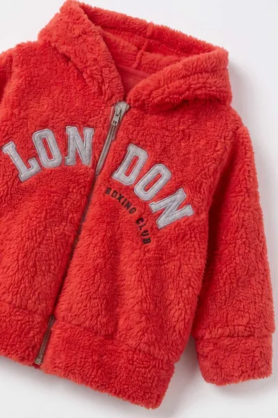Kırmızı (3-24 Ay) London Nakışlı Hırkalı Peluş Erkek Bebek 2'li Takım 498182