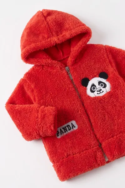 Kırmızı (3-24 Ay) Panda Nakışlı Fermuarlı ve Kapüşonlu Erkek Bebek Peluş Takım 497030