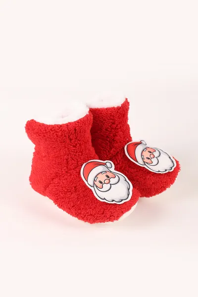 Kırmızı (3-6 Ay) Noel Baba Figürlü Peluş Unisex Bebek Panduf 412556
