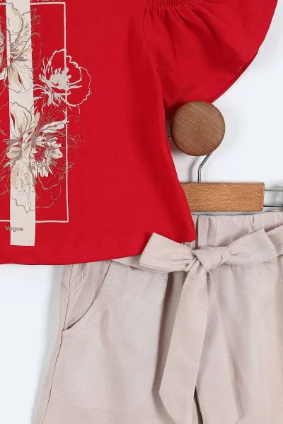 Kırmızı (3-7 Yaş) Fashion Baskılı Açık Omuz Detaylı Kemerli Şortlu Kız Çocuk Yazlık Takım 361718